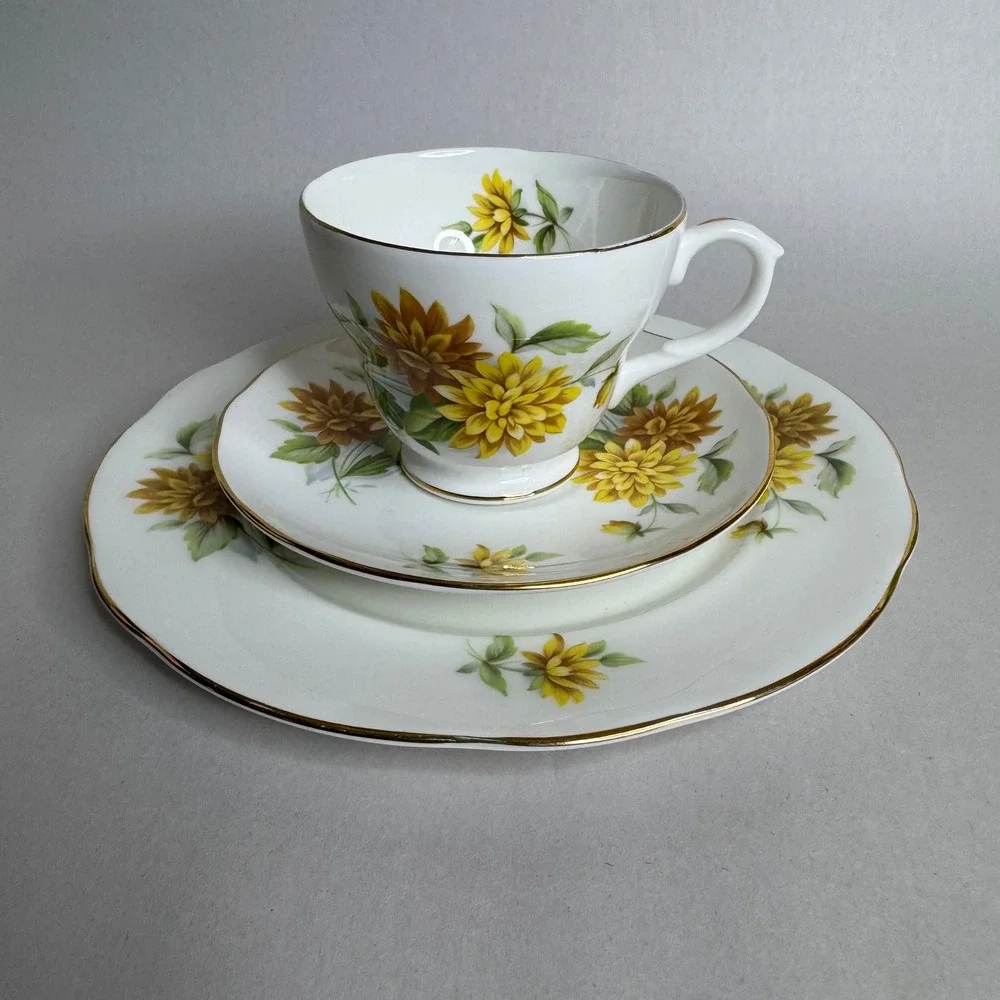 Duchess Bone China England Tea Cup Saucer and Plate Trio Yellow Floral Gold Trim